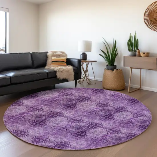 8' Eggplant And Ivory Floral Medallion Washable Round Rug With UV Protection Photo 5