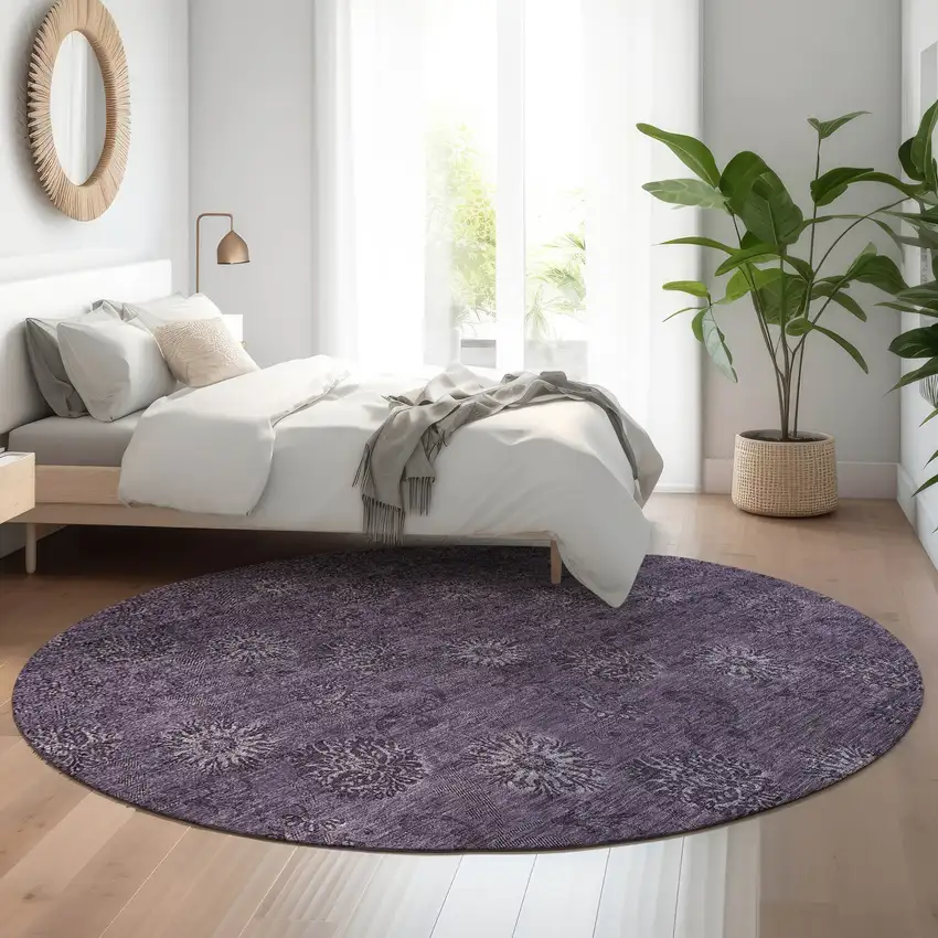 8' Eggplant And Ivory Floral Washable Round Rug With UV Protection Photo 4