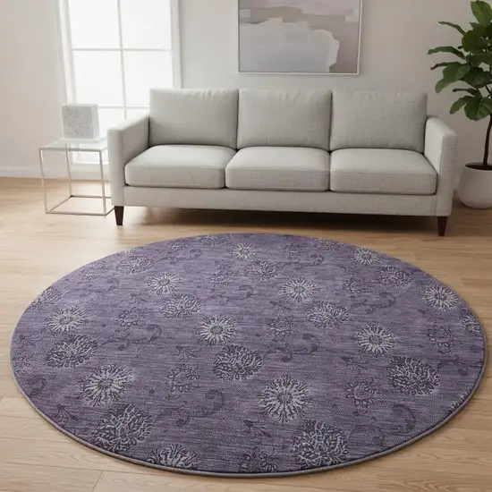 8' Eggplant And Ivory Floral Washable Round Rug With UV Protection Photo 2