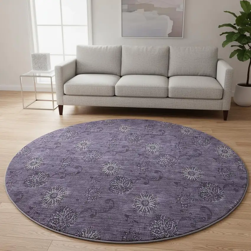 8' Eggplant And Ivory Floral Washable Round Rug With UV Protection Photo 2