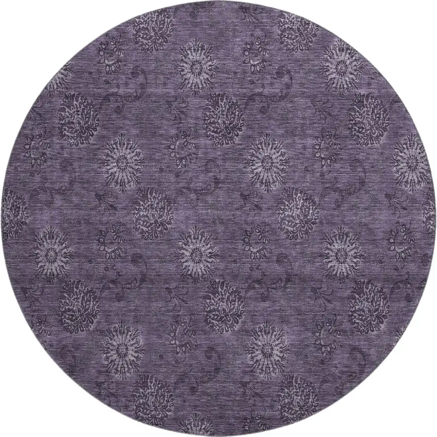 8' Eggplant And Ivory Floral Washable Round Rug With UV Protection Photo 1
