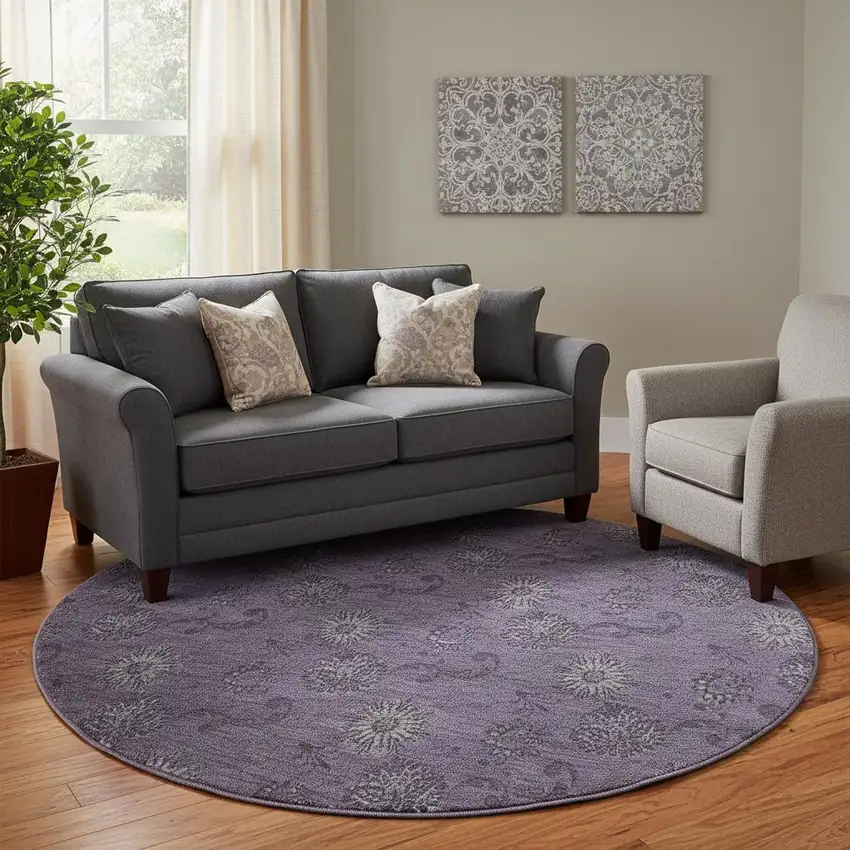 8' Eggplant And Ivory Floral Washable Round Rug With UV Protection Photo 1