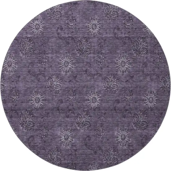 8' Eggplant And Ivory Floral Washable Round Rug With UV Protection Photo 3