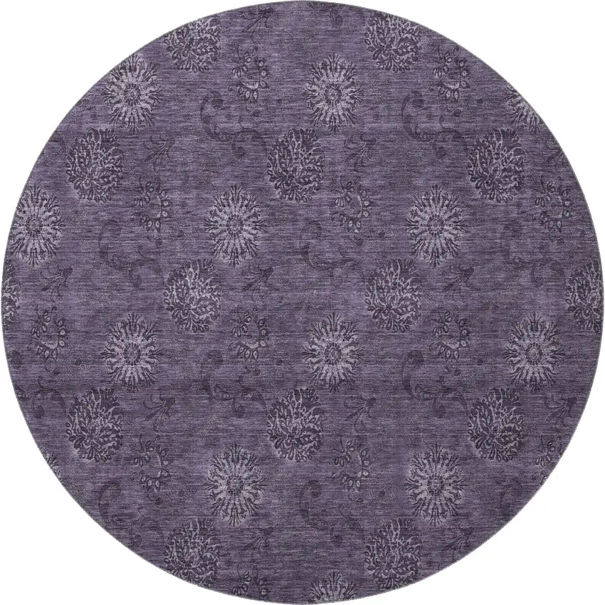 8' Eggplant And Ivory Floral Washable Round Rug With UV Protection Photo 3