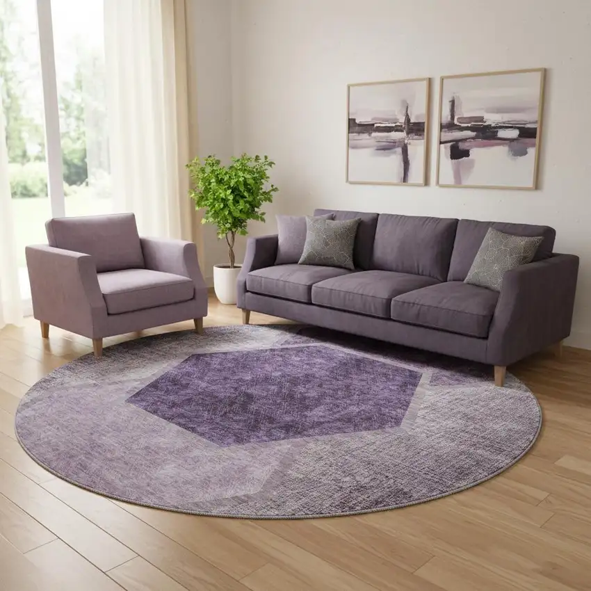 8' Eggplant And Ivory Geometric Washable Round Rug With UV Protection Photo 1