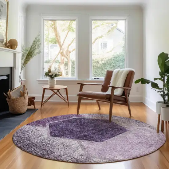 8' Eggplant And Ivory Geometric Washable Round Rug With UV Protection Photo 4