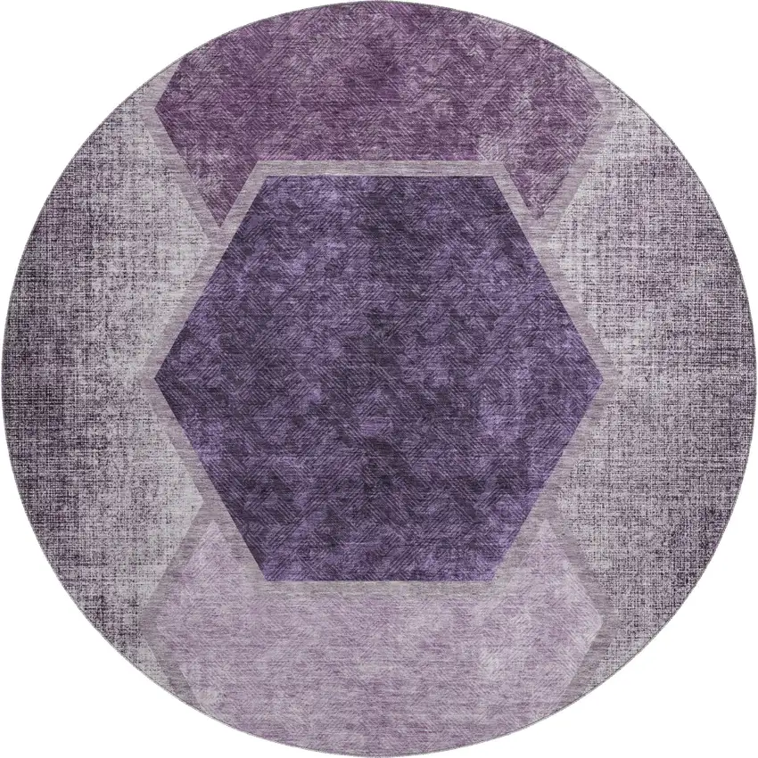 8' Eggplant And Ivory Geometric Washable Round Rug With UV Protection Photo 1
