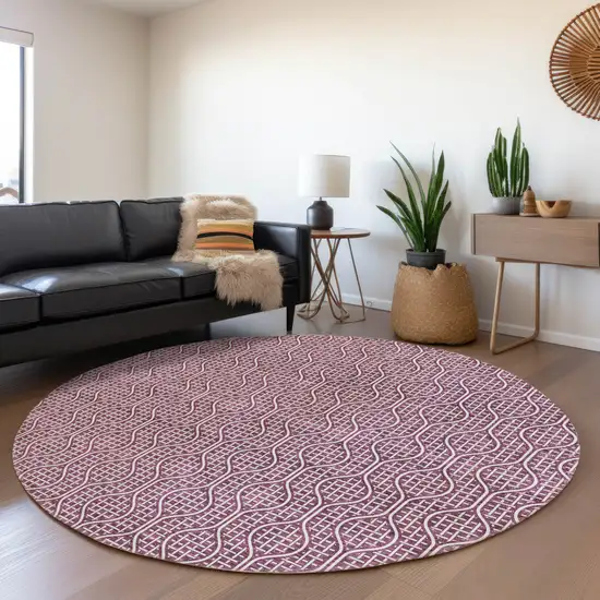 8' Eggplant And Ivory Geometric Washable Round Rug With UV Protection Photo 4