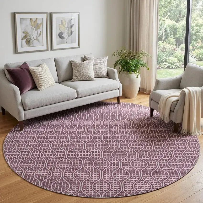 8' Eggplant And Ivory Geometric Washable Round Rug With UV Protection Photo 1