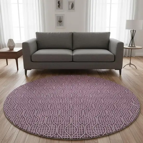 8' Eggplant And Ivory Geometric Washable Round Rug With UV Protection Photo 2
