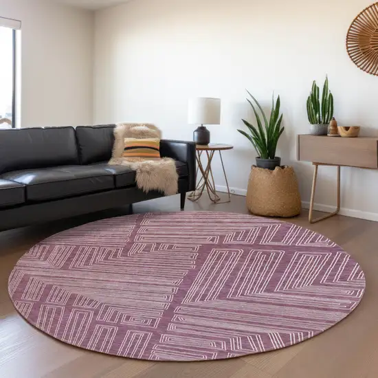 8' Eggplant And Ivory Geometric Washable Round Rug With UV Protection Photo 4