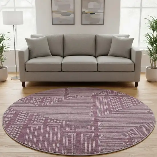 8' Eggplant And Ivory Geometric Washable Round Rug With UV Protection Photo 2