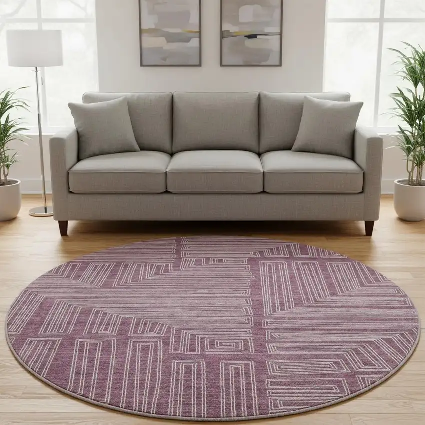 8' Eggplant And Ivory Geometric Washable Round Rug With UV Protection Photo 2
