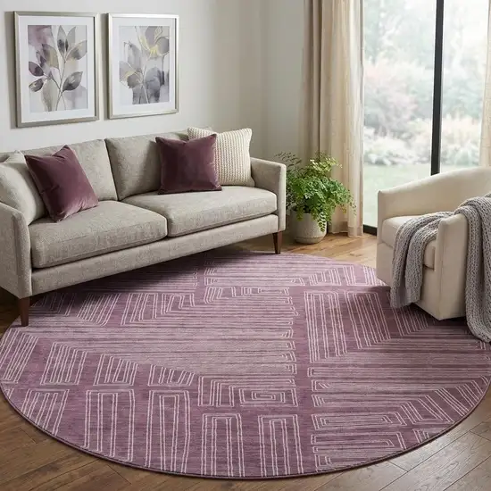 8' Eggplant And Ivory Geometric Washable Round Rug With UV Protection Photo 1