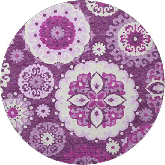 8' Eggplant And Ivory Medallion Washable Round Rug With UV Protection Photo 4
