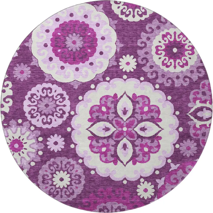 8' Eggplant And Ivory Medallion Washable Round Rug With UV Protection Photo 4