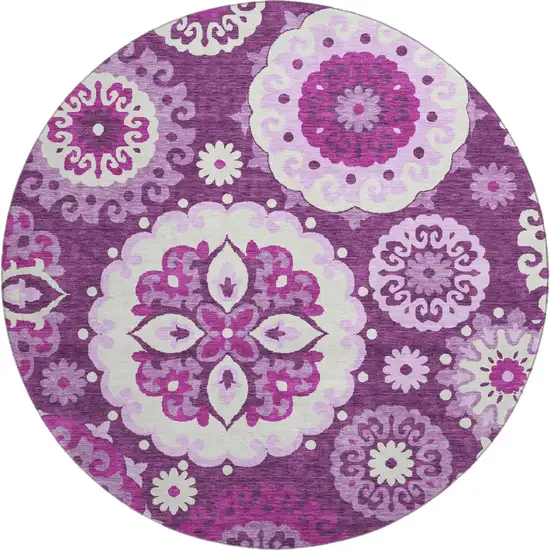 8' Eggplant And Ivory Medallion Washable Round Rug With UV Protection Photo 1