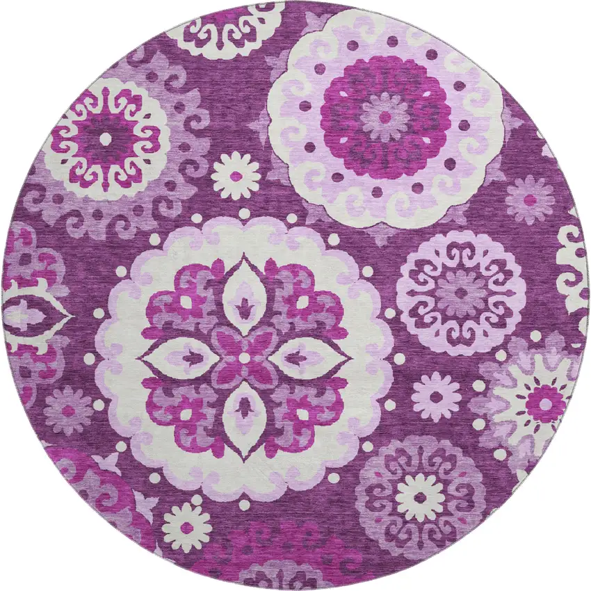 8' Eggplant And Ivory Medallion Washable Round Rug With UV Protection Photo 1