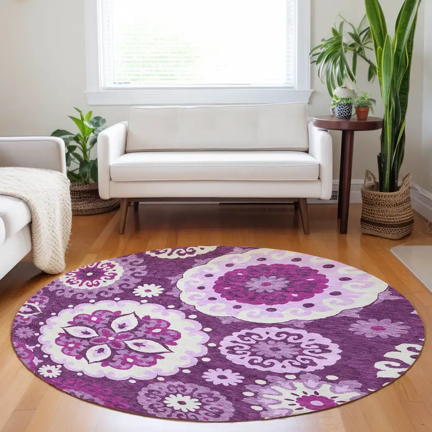8' Eggplant And Ivory Medallion Washable Round Rug With UV Protection Photo 5