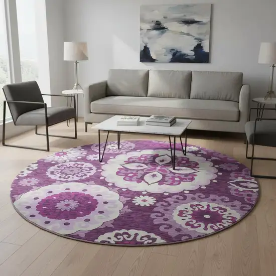 8' Eggplant And Ivory Medallion Washable Round Rug With UV Protection Photo 2