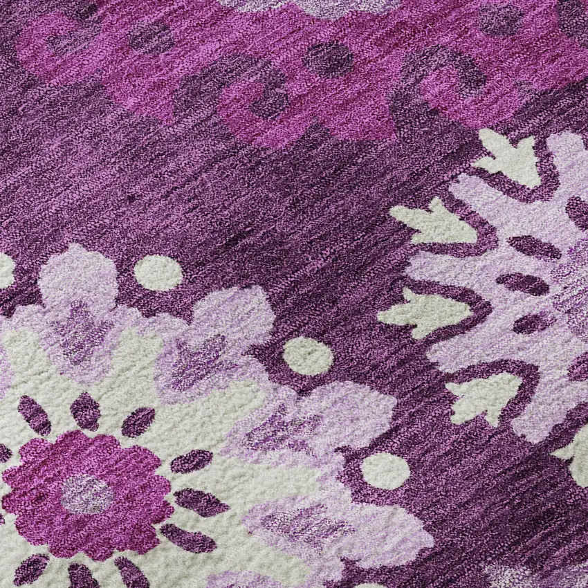 8' Eggplant And Ivory Medallion Washable Round Rug With UV Protection Photo 9