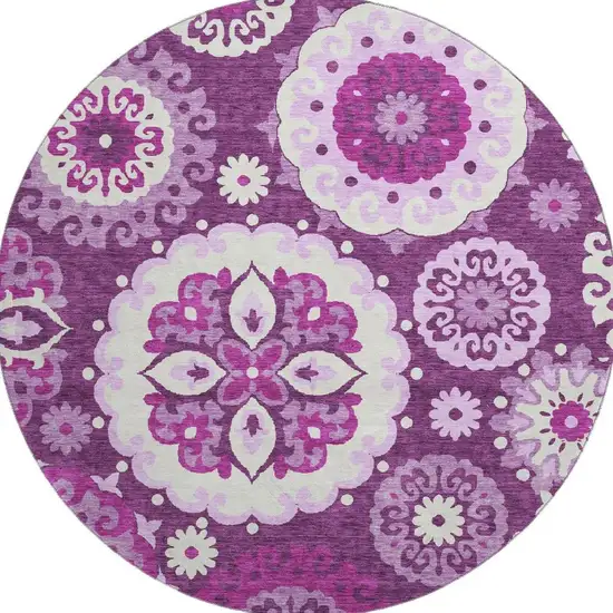 8' Eggplant And Ivory Medallion Washable Round Rug With UV Protection Photo 3