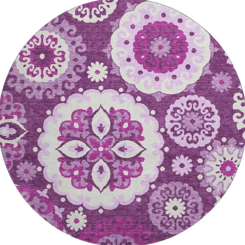 8' Eggplant And Ivory Medallion Washable Round Rug With UV Protection Photo 3