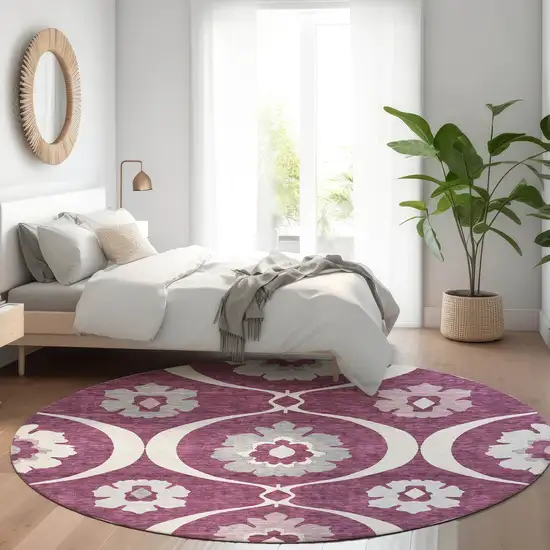 8' Eggplant And Ivory Medallion Washable Round Rug With UV Protection Photo 5