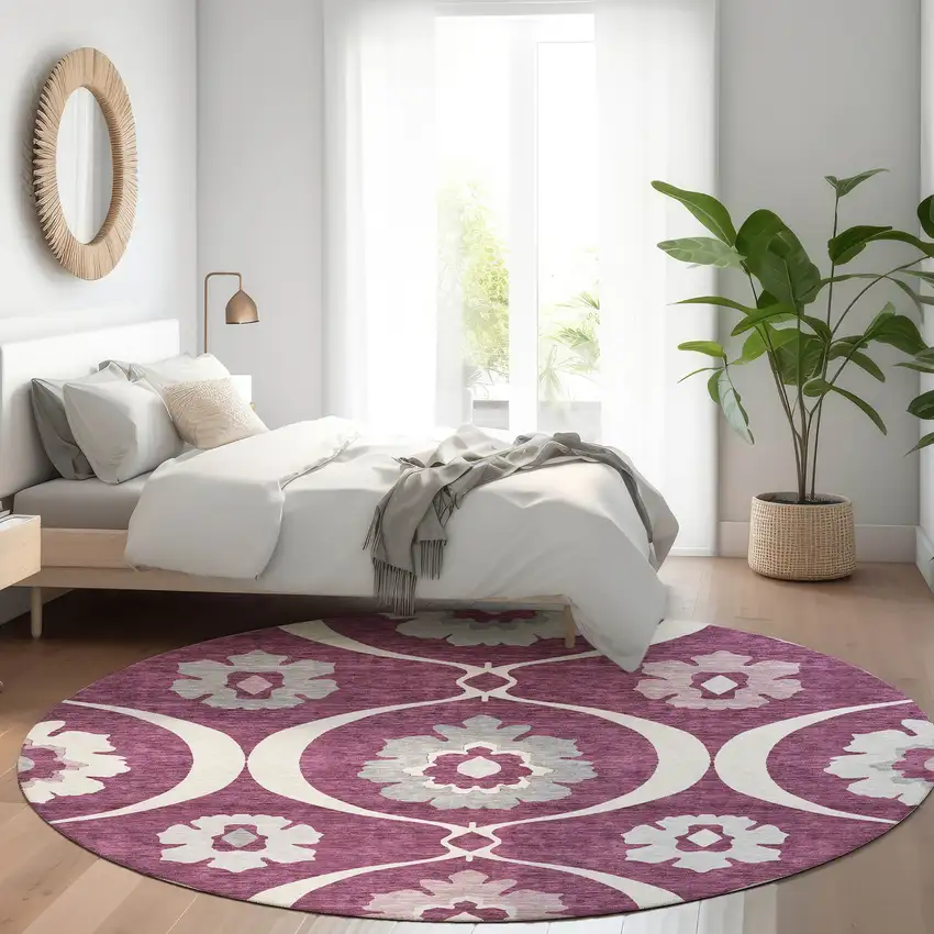 8' Eggplant And Ivory Medallion Washable Round Rug With UV Protection Photo 5