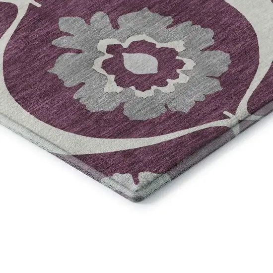 8' Eggplant And Ivory Medallion Washable Round Rug With UV Protection Photo 7