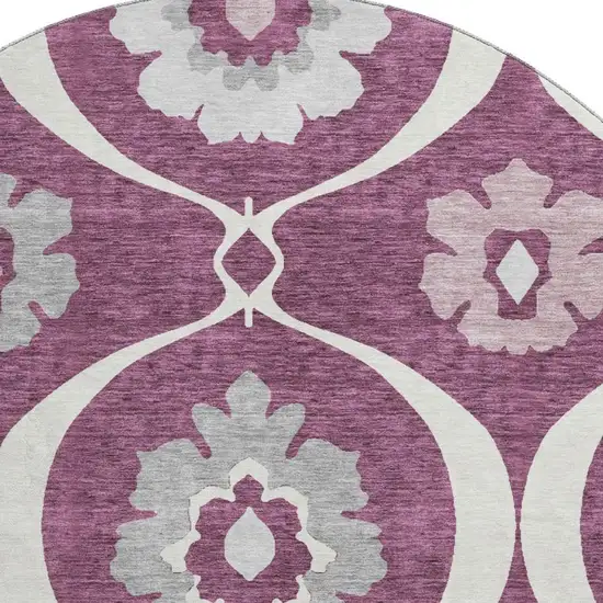 8' Eggplant And Ivory Medallion Washable Round Rug With UV Protection Photo 3