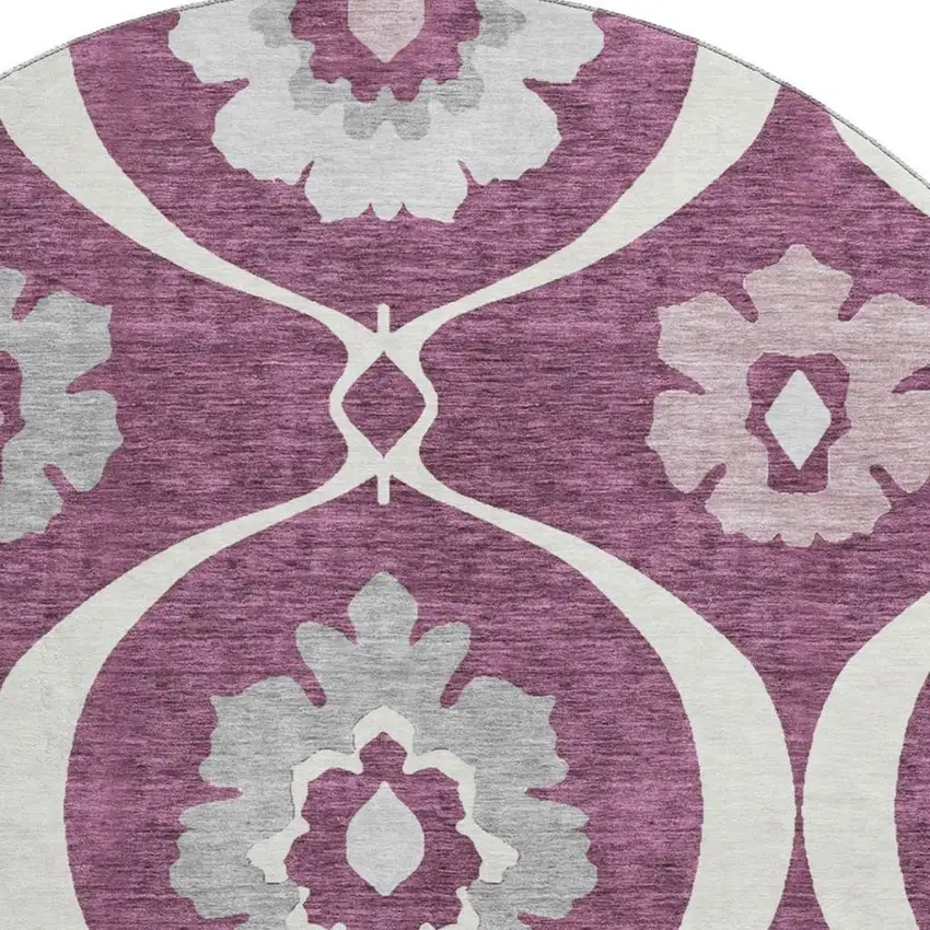 8' Eggplant And Ivory Medallion Washable Round Rug With UV Protection Photo 3