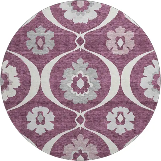 8' Eggplant And Ivory Medallion Washable Round Rug With UV Protection Photo 1