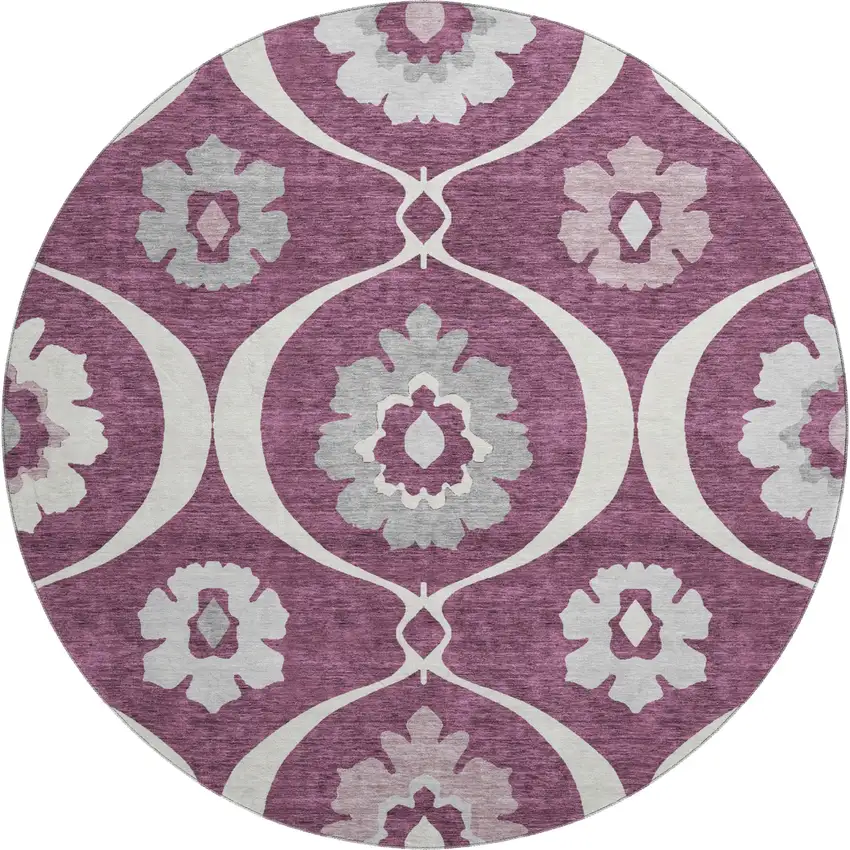 8' Eggplant And Ivory Medallion Washable Round Rug With UV Protection Photo 1