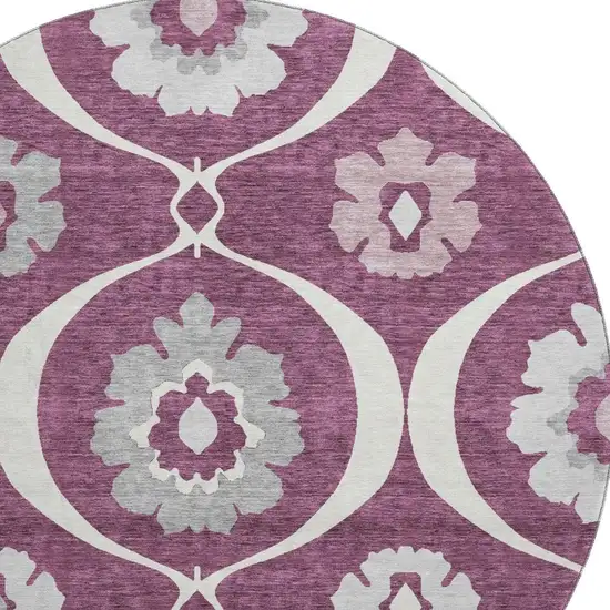 8' Eggplant And Ivory Medallion Washable Round Rug With UV Protection Photo 4