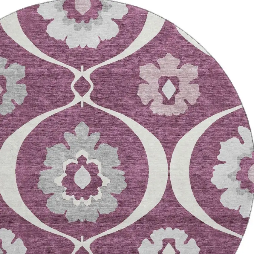 8' Eggplant And Ivory Medallion Washable Round Rug With UV Protection Photo 4