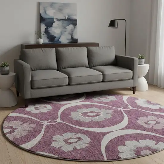 8' Eggplant And Ivory Medallion Washable Round Rug With UV Protection Photo 2