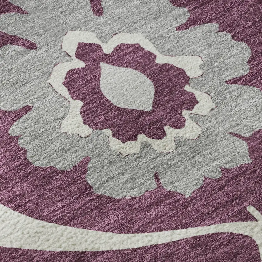 8' Eggplant And Ivory Medallion Washable Round Rug With UV Protection Photo 9