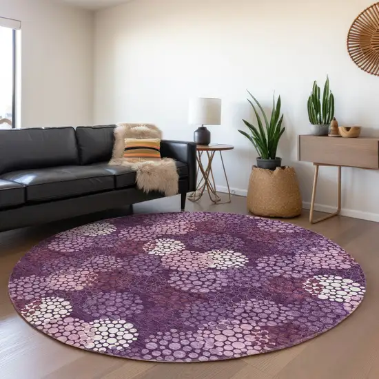 8' Eggplant And Ivory Polka Dot Washable Round Rug With UV Protection Photo 5