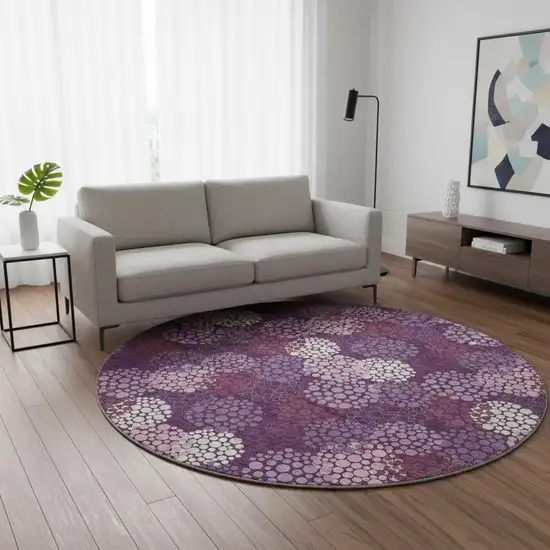 8' Eggplant And Ivory Polka Dot Washable Round Rug With UV Protection Photo 2