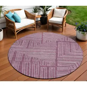 Photo of 8' Eggplant And Ivory Round Geometric Washable Indoor Outdoor Area Rug