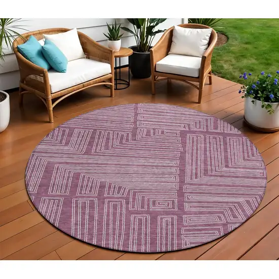8' Eggplant And Ivory Round Geometric Washable Indoor Outdoor Area Rug Photo 1