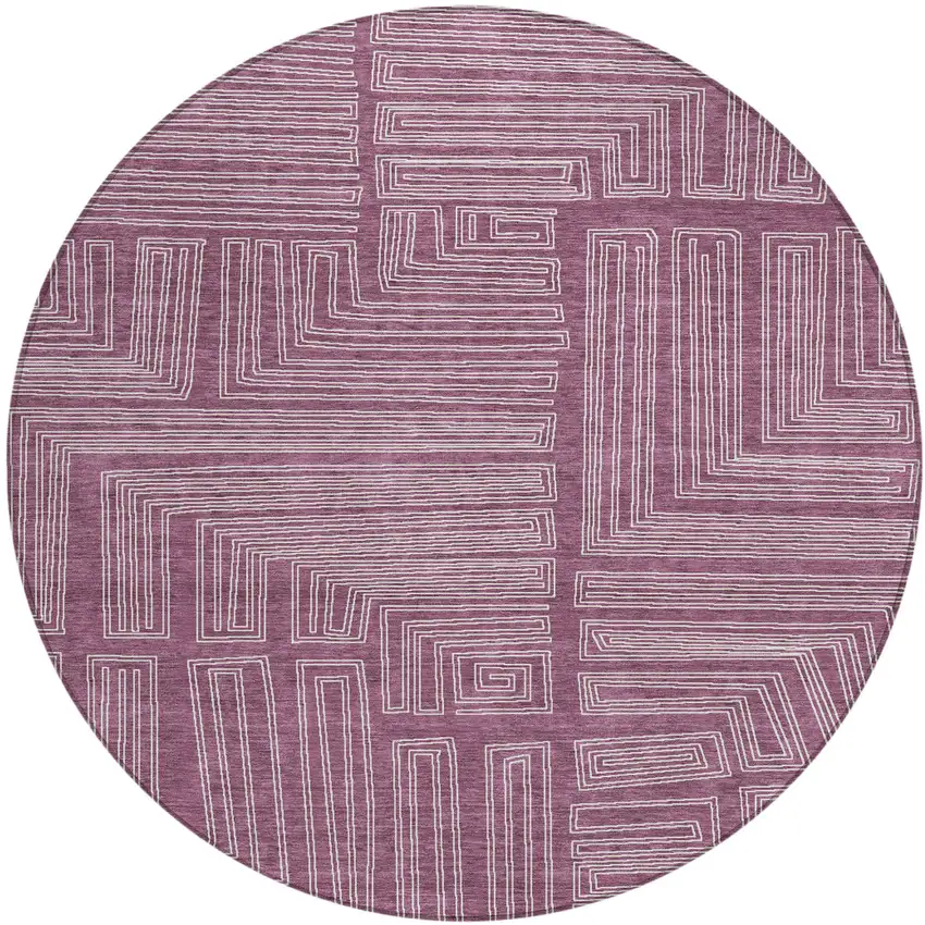 8' Eggplant And Ivory Round Geometric Washable Indoor Outdoor Area Rug Photo 2