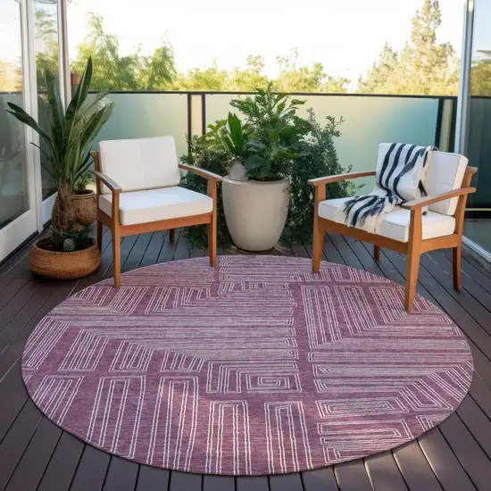 8' Eggplant And Ivory Round Geometric Washable Indoor Outdoor Area Rug Photo 7