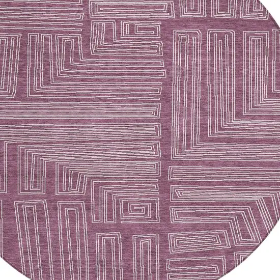 8' Eggplant And Ivory Round Geometric Washable Indoor Outdoor Area Rug Photo 5