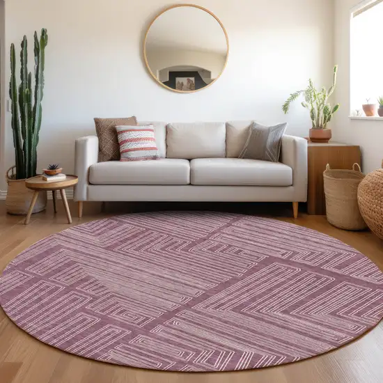 8' Eggplant And Ivory Round Geometric Washable Indoor Outdoor Area Rug Photo 8