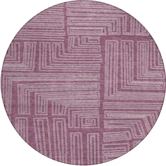 8' Eggplant And Ivory Round Geometric Washable Indoor Outdoor Area Rug Photo 6