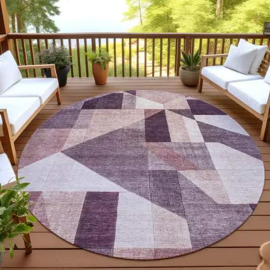 8' Eggplant And Ivory Round Geometric Washable Indoor Outdoor Area Rug Photo 4