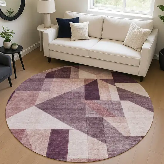 8' Eggplant And Ivory Round Geometric Washable Indoor Outdoor Area Rug Photo 5