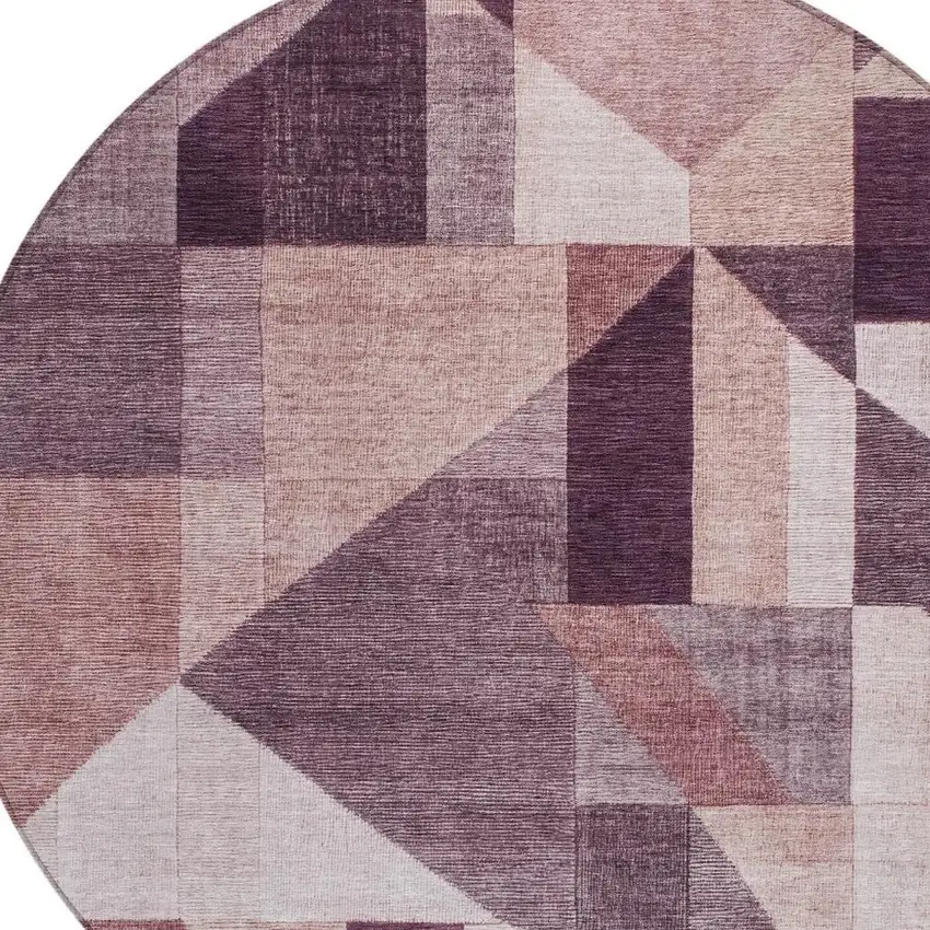 8' Eggplant And Ivory Round Geometric Washable Indoor Outdoor Area Rug Photo 2